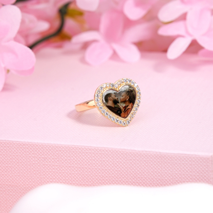 Heart Shaped Photo Gold Plated Personalized Custom Engraved Ring Couple Ring