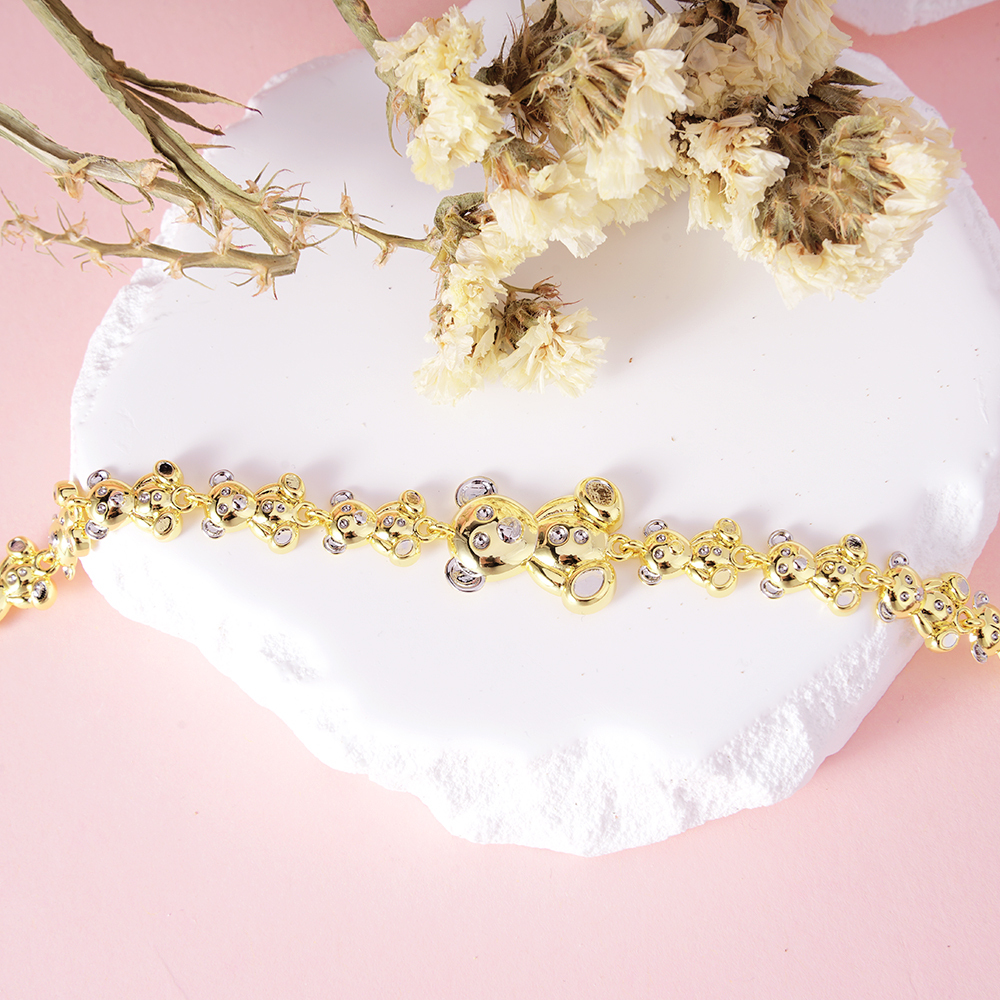 Two Tone Teddy Bear Link Chain Bracelet Gold Plated