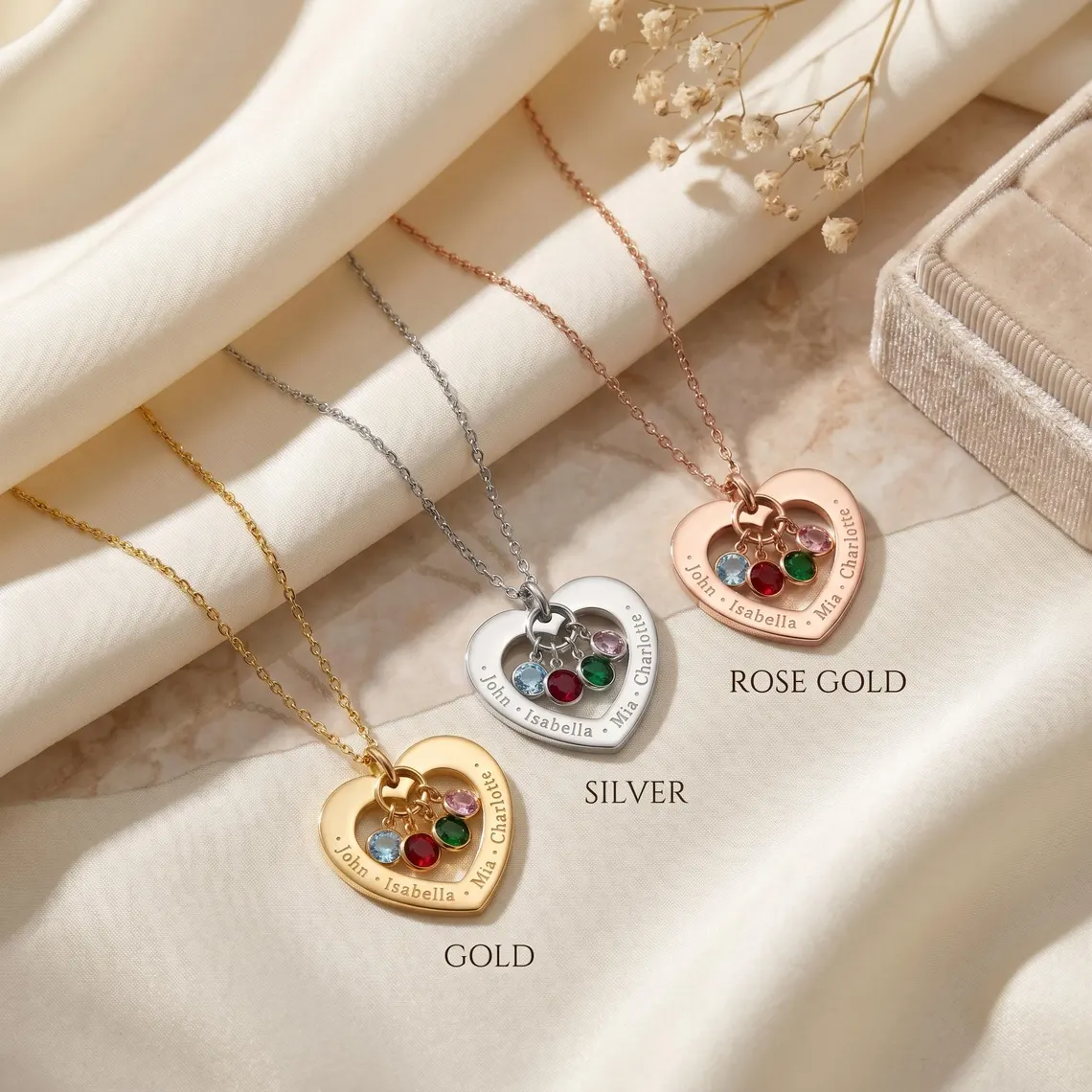 Custom Personalized 1-4 Names with Birthstones Engraved Heart Necklace