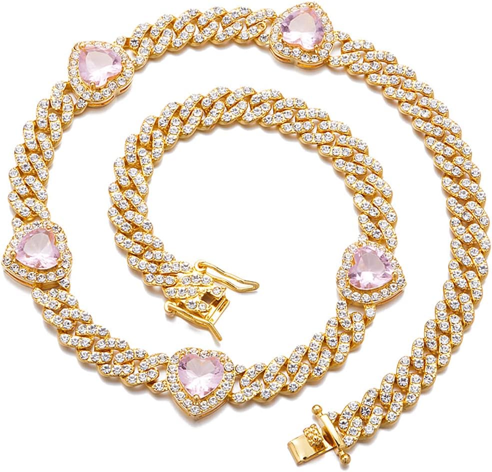 Cuban Link Chain Iced Out Paved Heart Shape Rhinestones CZ Bling Necklace 