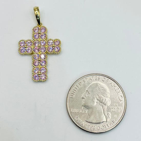 Gold Plated Pink CZ Clover Cross Necklace