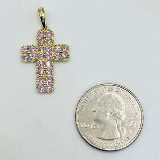 Gold Plated Pink CZ Clover Cross Necklace