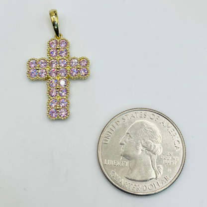 Gold Plated Pink CZ Clover Cross Necklace