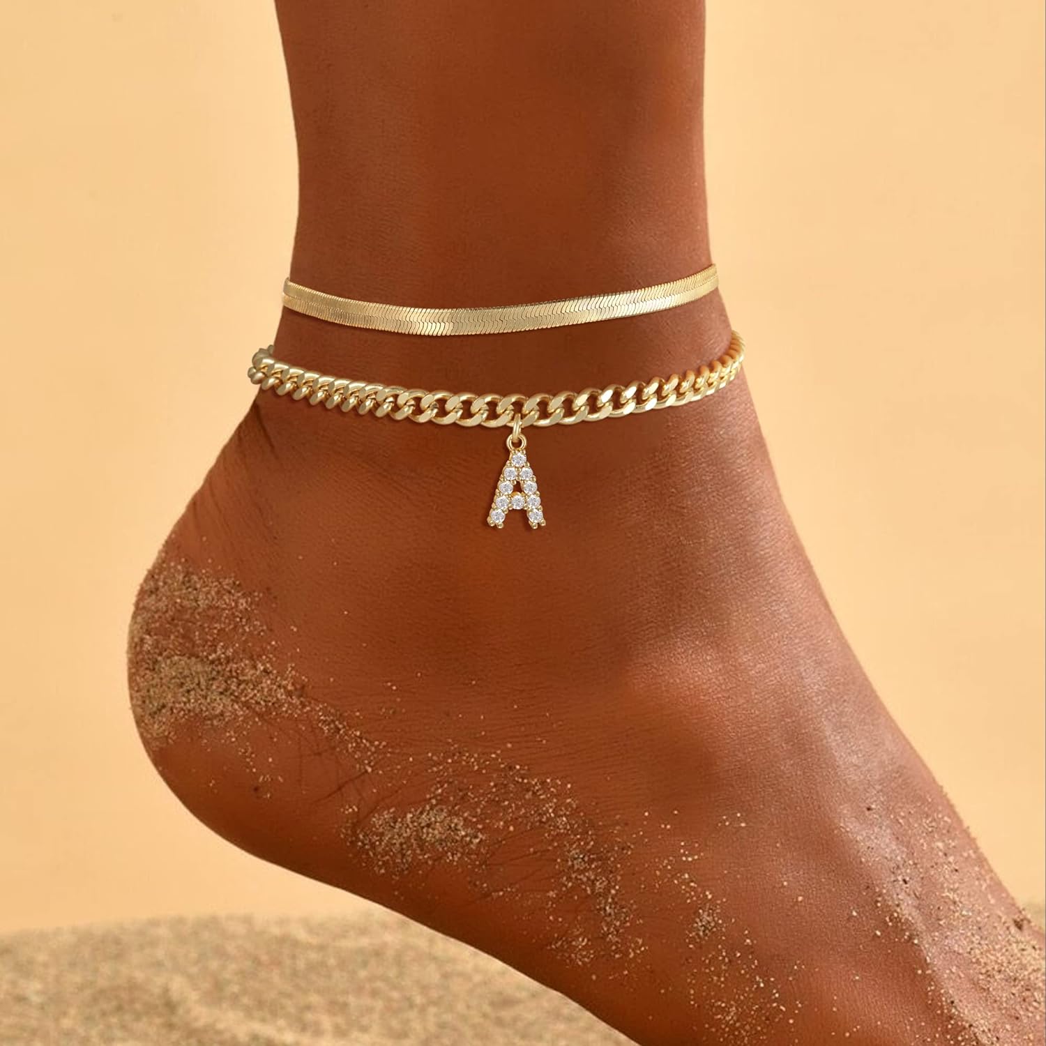 Gold Plated Layered Snake Cuban Link Anklet And Custom Initial Anklet