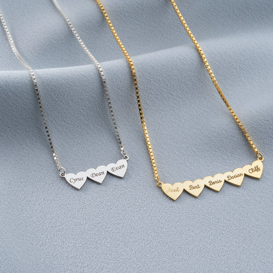 Box Chain Love Heart Family Personalized 2-6 Names Engraved Necklace