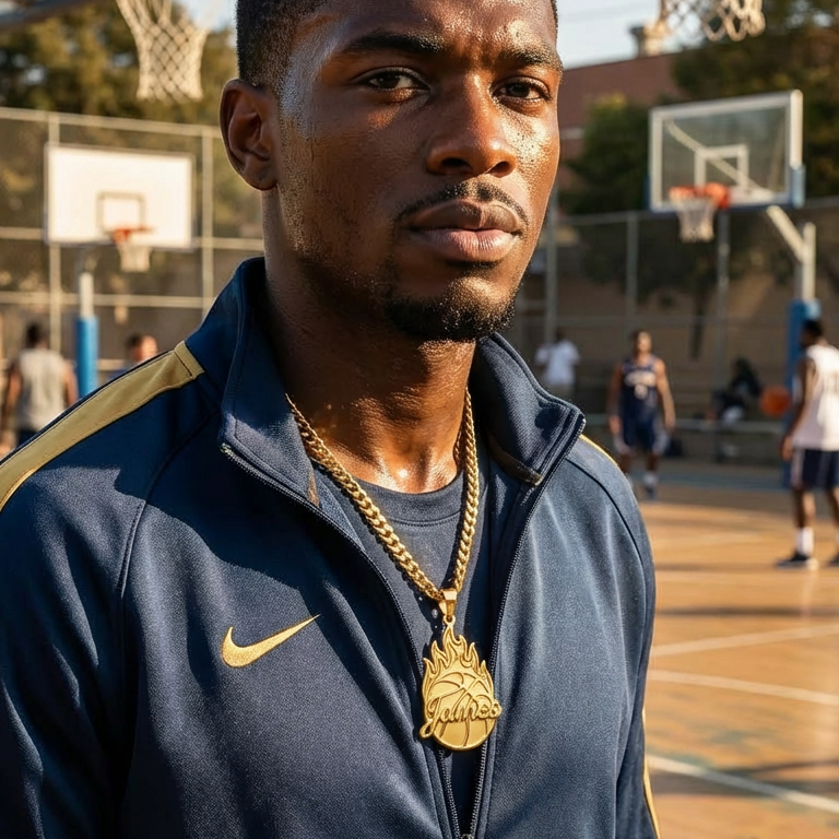 Custom Basketball Fire Pendant Necklace with Name Curb Chain