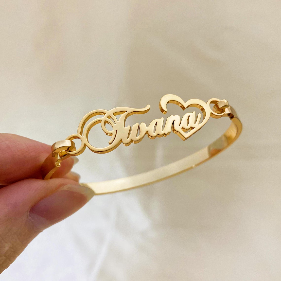 Custom Name Bangle Bracelet with Heart Gold Plated