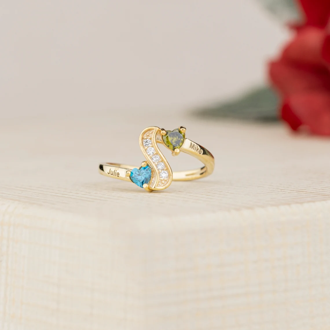 2 or 4 Engraved Names with Heart Birthstones Custom Ring Family Ring