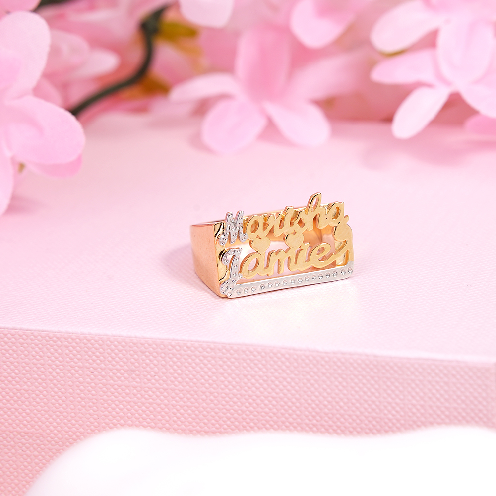 Two Tone Two Names Heart Personalized Custom Gold Plated Name Ring