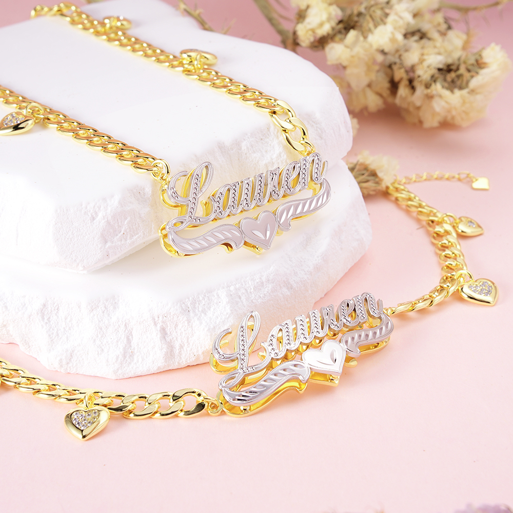 Double Layer Two Tone Heart Nameplate Cuban Chain With Heart Personalized Name Necklace And Bracelet Set