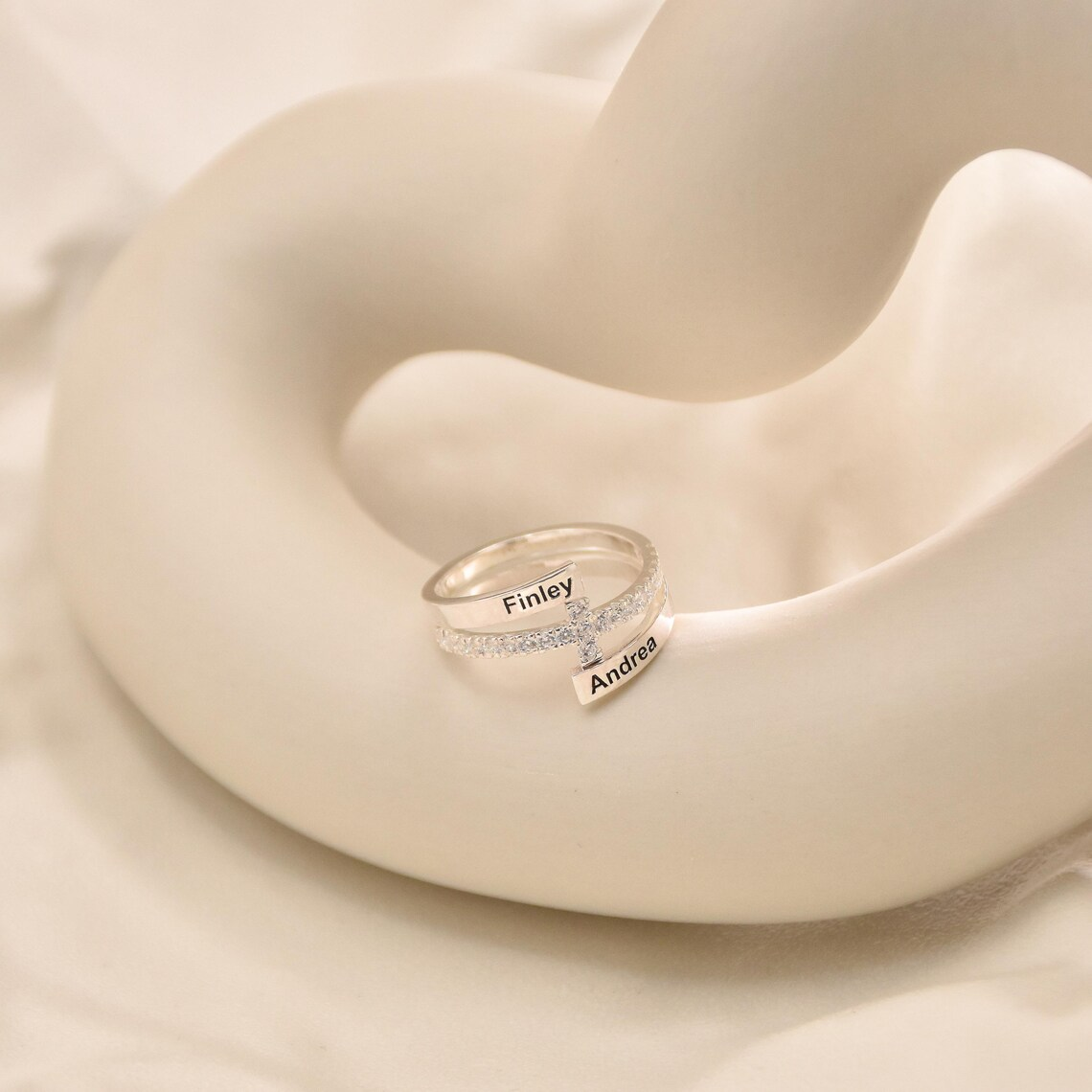 Zirconia Cross Two Names Promise Engagement Wedding Ring Couple Ring