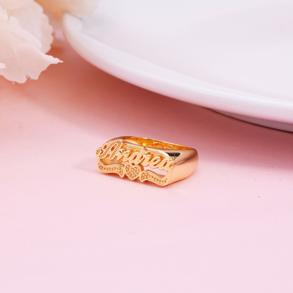 Two Tone Nameplate with Heart Personalized Custom Gold Plated Name Ring