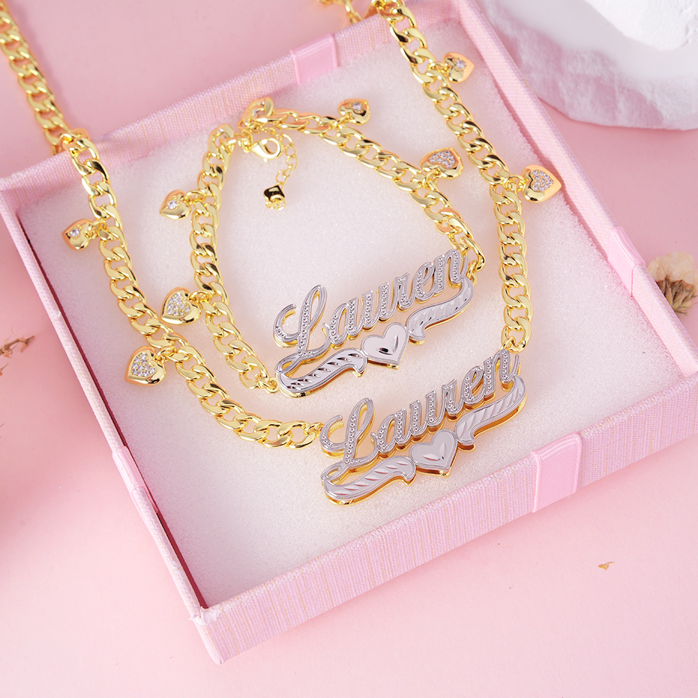 Double Layer Two Tone Heart Nameplate Cuban Chain With Heart Personalized Name Necklace And Bracelet Set