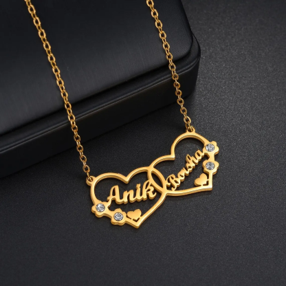 Personalized Couple Double Hearts with Zircons Two Names Necklace