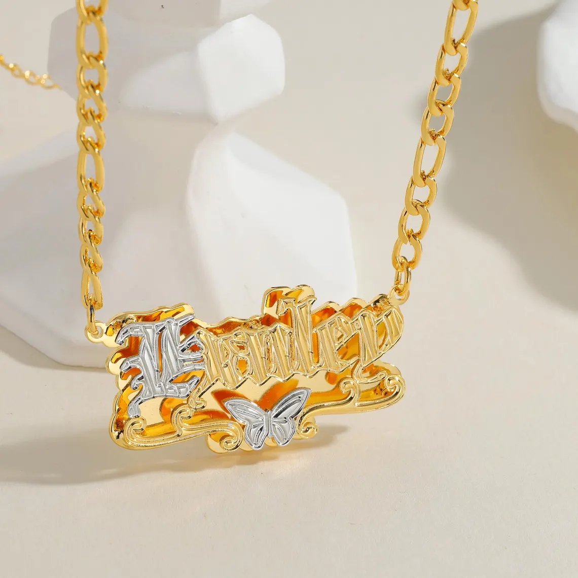 Custom Two Tone Double Layer Butterfly Name Necklace English Font