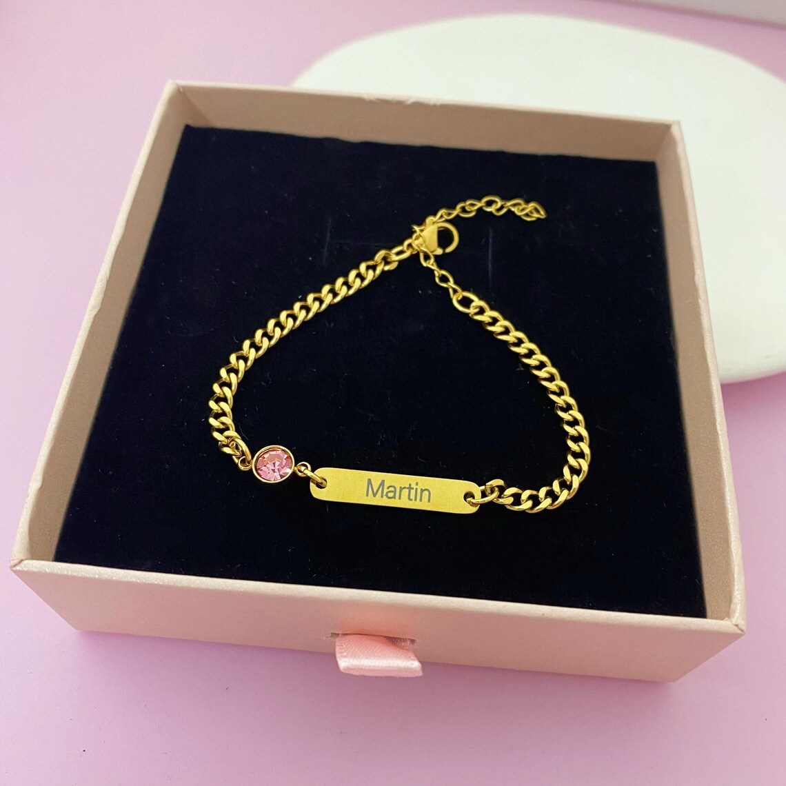 Custom Dainty Birthstone Heart Name Jewelry Set Engraving ID Set