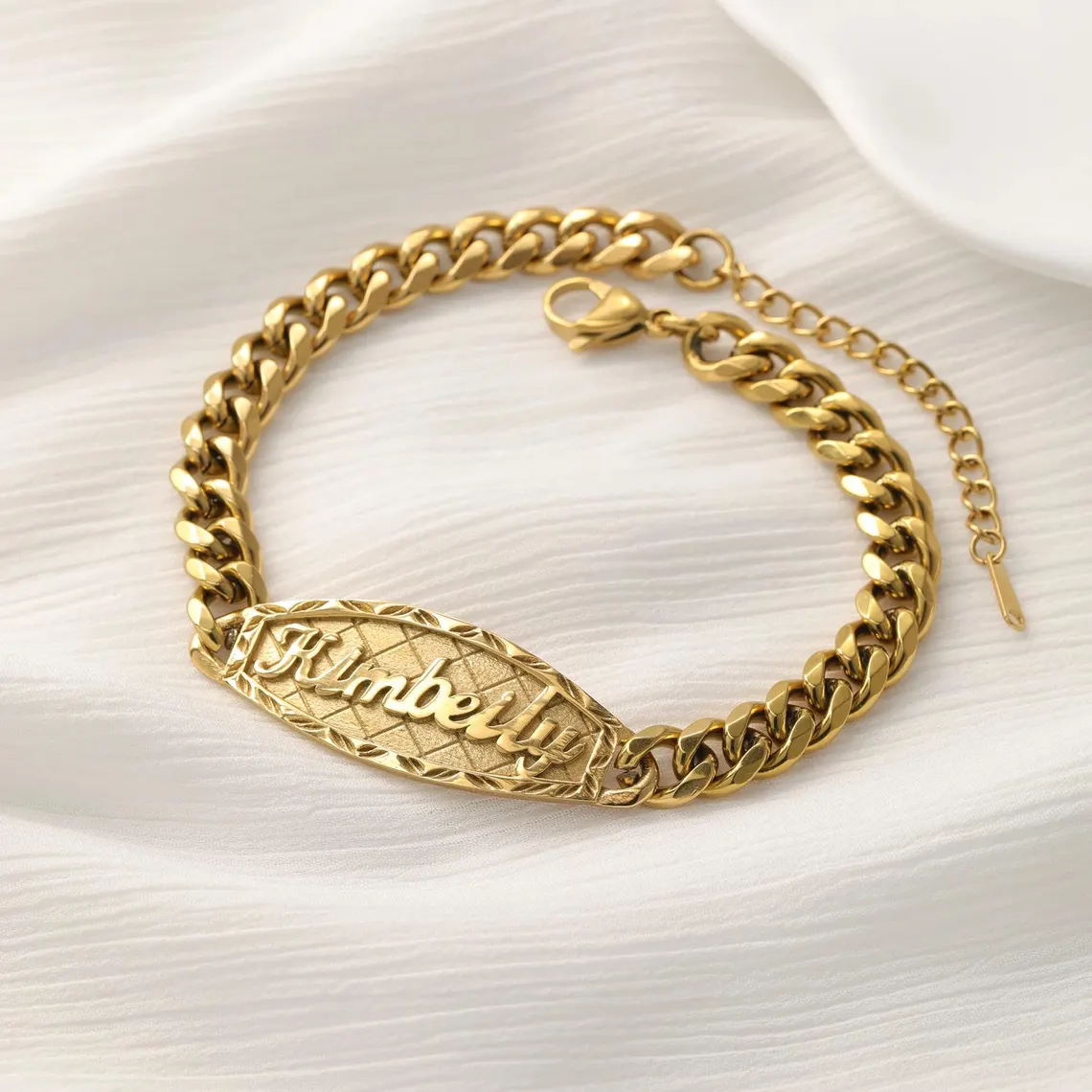 Custom ID Bar Diamond Cut 3D Name Bracelet Curb Chain