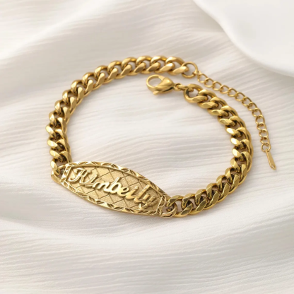 Custom ID Bar Diamond Cut 3D Name Bracelet Curb Chain