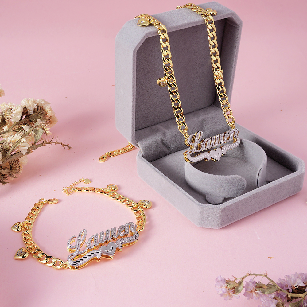 Double Layer Two Tone Heart Nameplate Cuban Chain With Heart Personalized Name Necklace And Bracelet Set