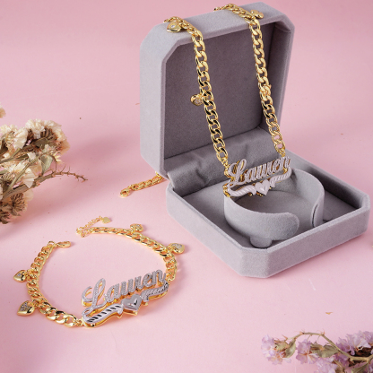 Double Layer Two Tone Heart Nameplate Cuban Chain With Heart Personalized Name Necklace And Bracelet Set