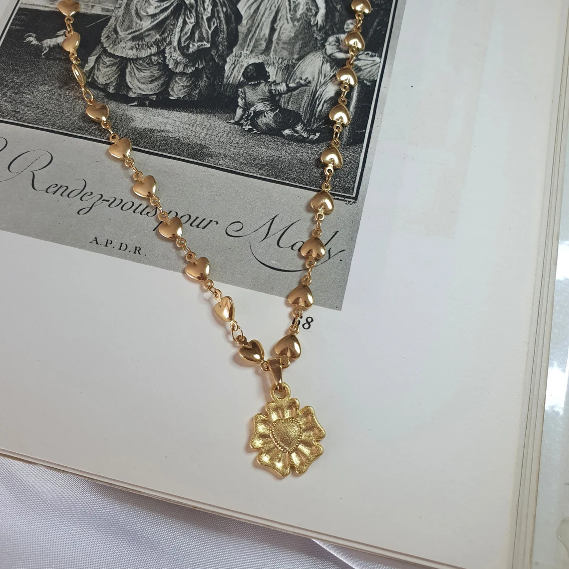Gold Plated Heart Clover Charm Heart Chain Necklace