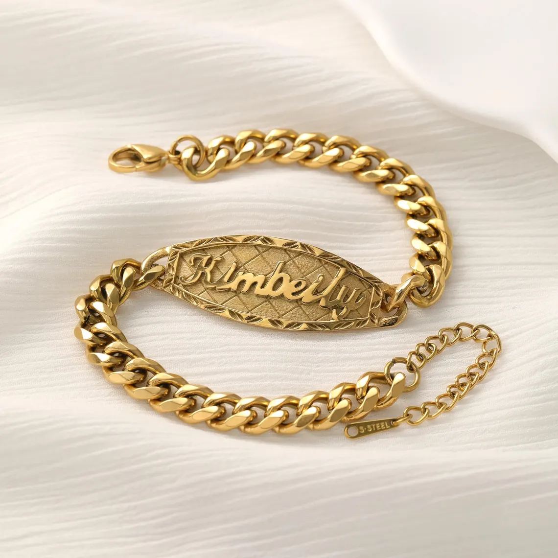 Custom ID Bar Diamond Cut 3D Name Bracelet Curb Chain