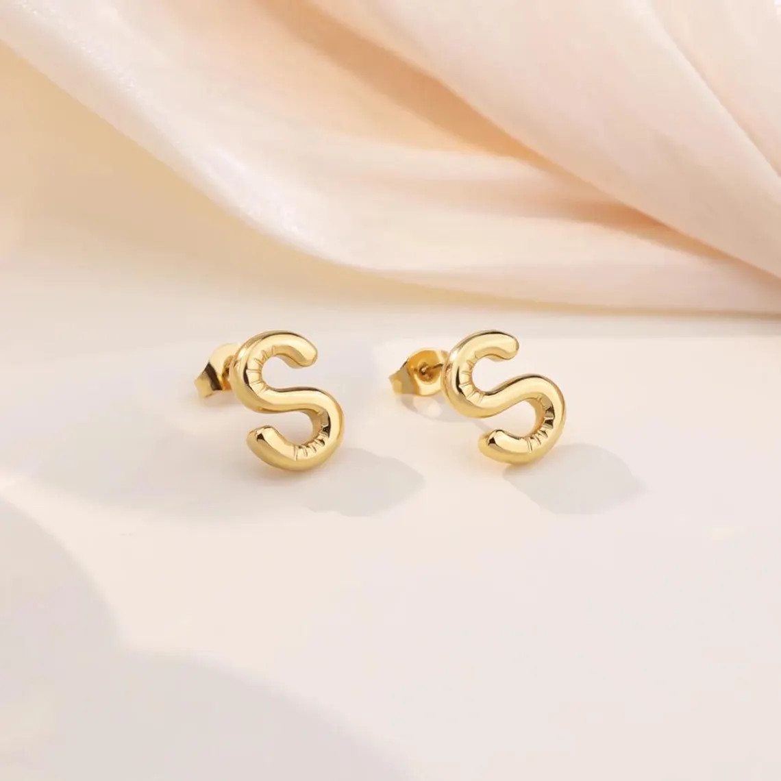 Bubble Letter Custom Initial Stud Earrings Gold Plated