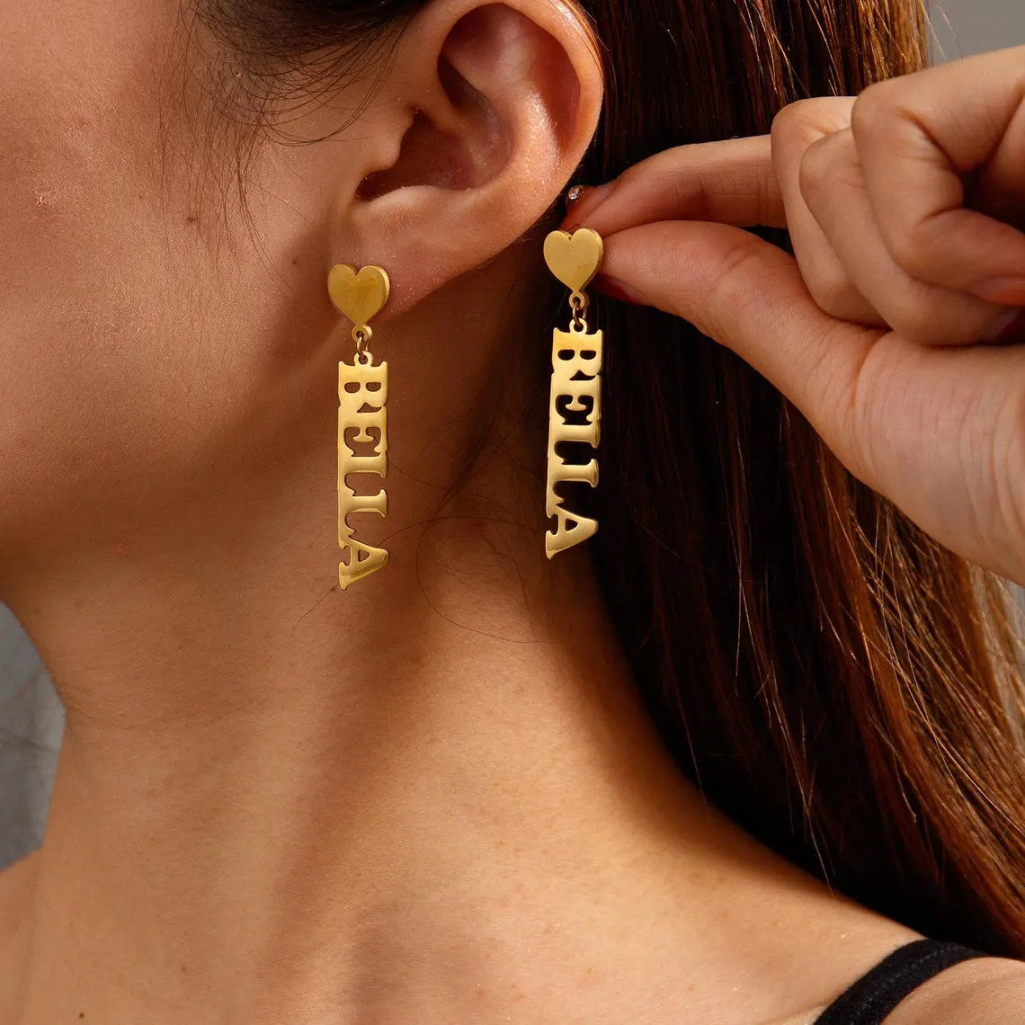 Gold Plated Love Heart Name Dangle Drop Earrings