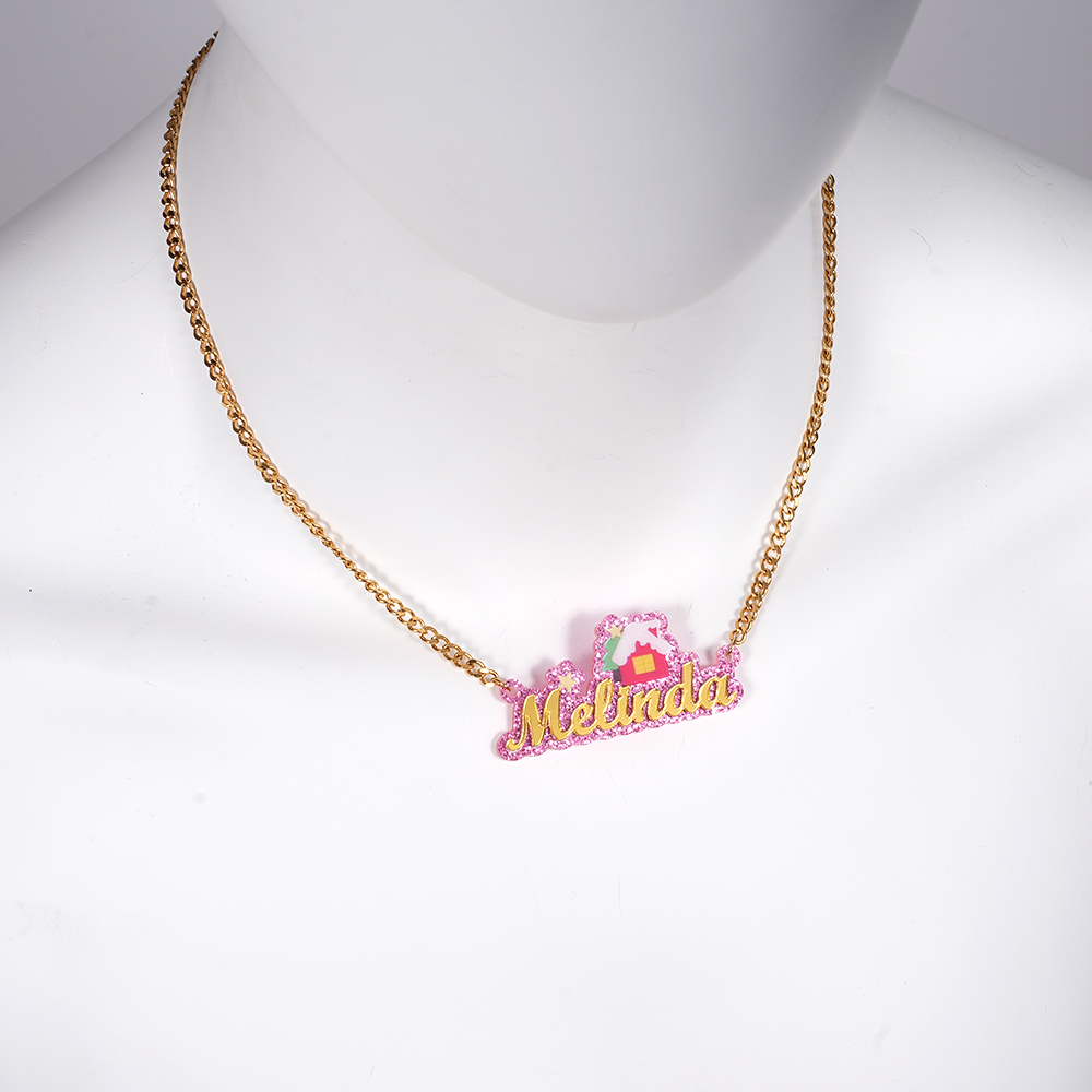 Cute Christmas House Acrylic Cuban Chain Personalized Name Necklace