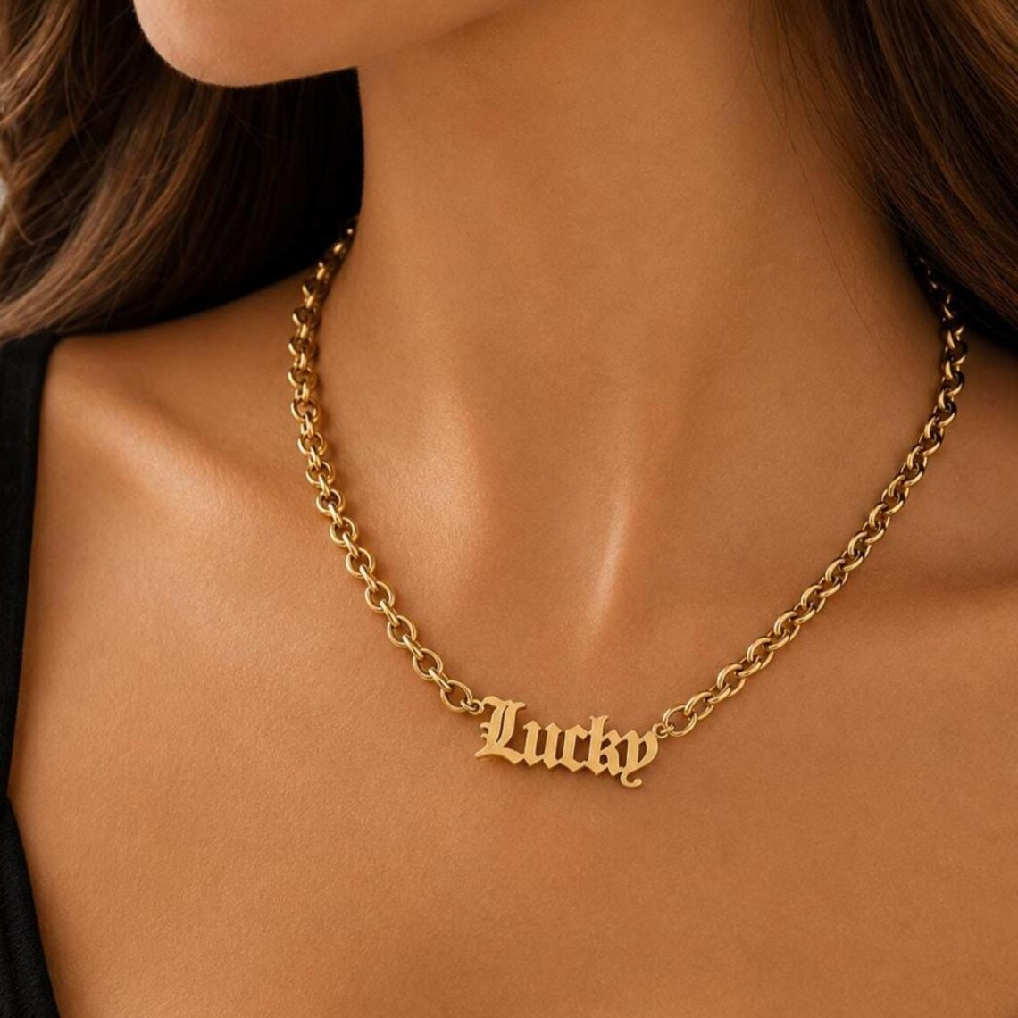 Old English Nameplate Personalized Necklace Gold Chain