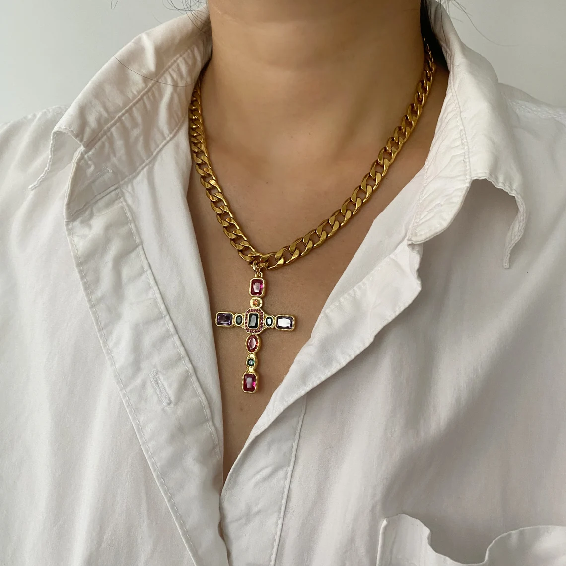 Chunky Colorful Gemstone Big Cross Pendant Necklace