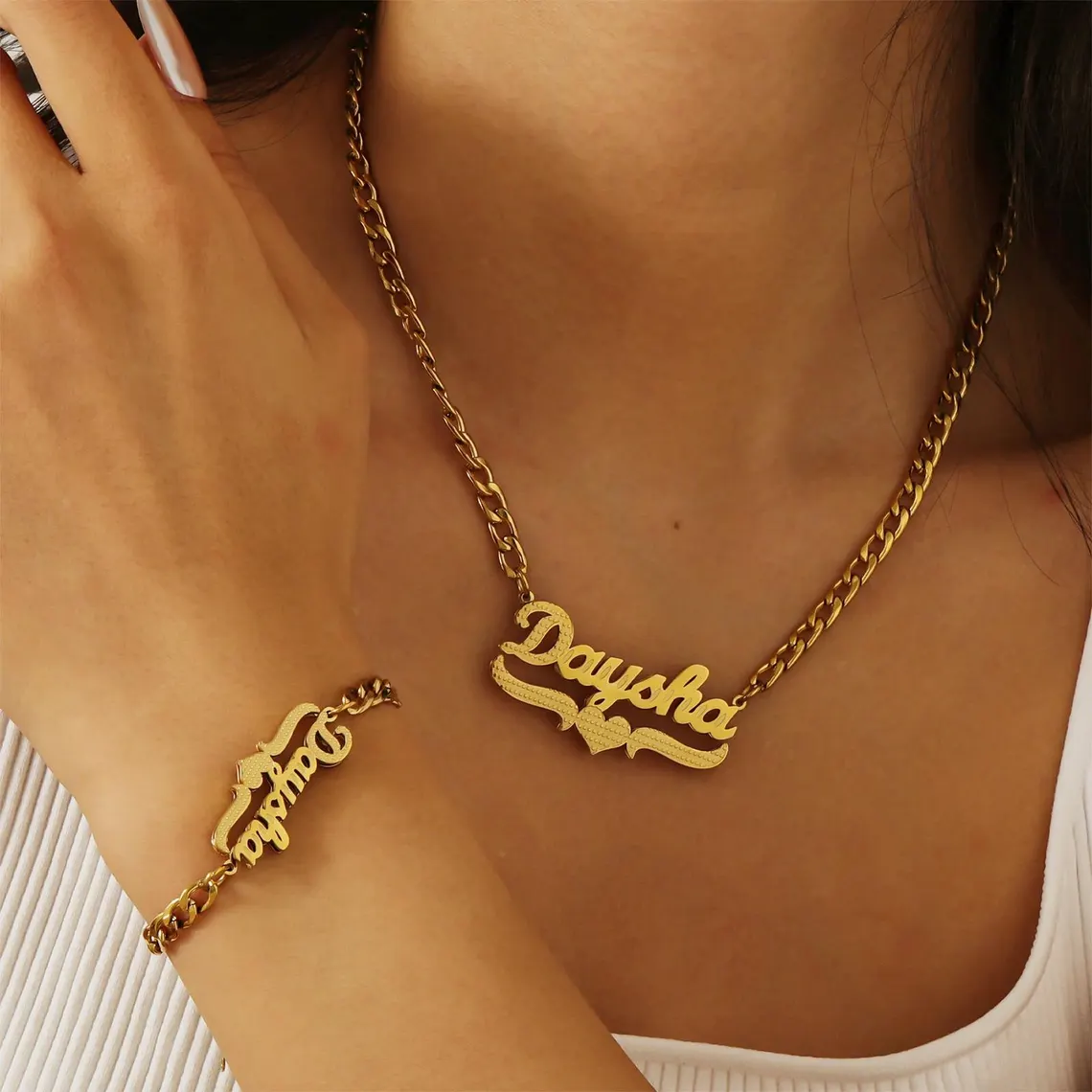 Custom Double Plate Heart Name Necklace Bracelet Jewelry Set