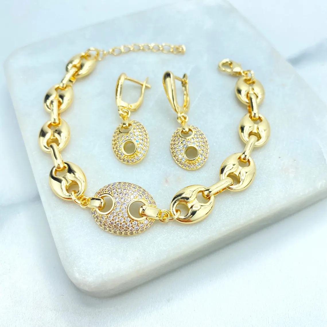 Zirconia Puffed Mariner Anchor Chain Gold Plated Jewelry Set 4pcs