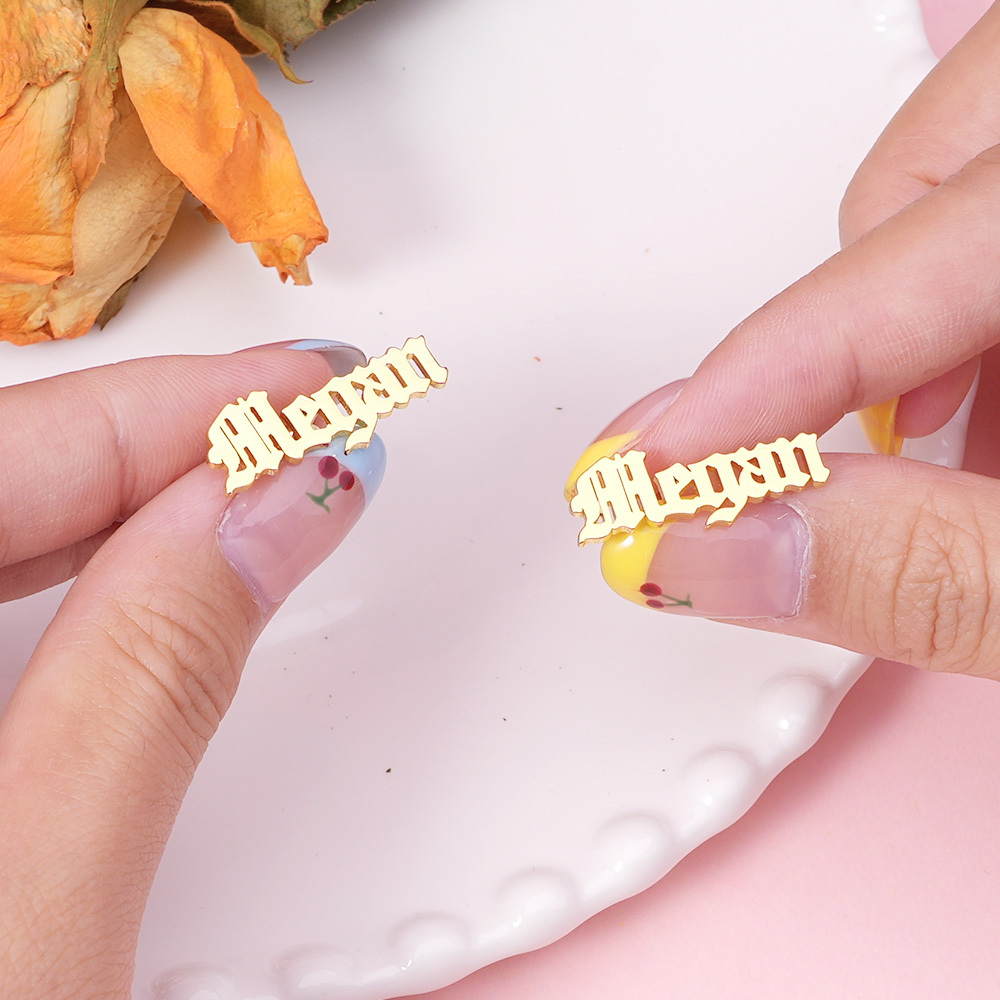 Old English Font Stud Gold Plated Personalized Name Earrings