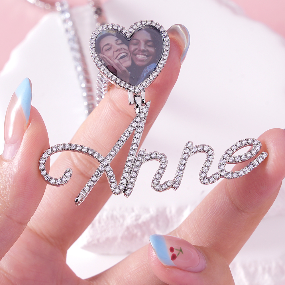 Custom Name Picure Pendant Heart Hook Cursive Letters Necklaces