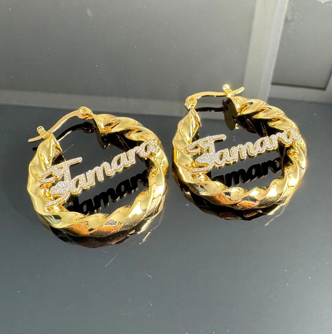 Shinny Heart Nameplate Custom Twist Hoop Earrings
