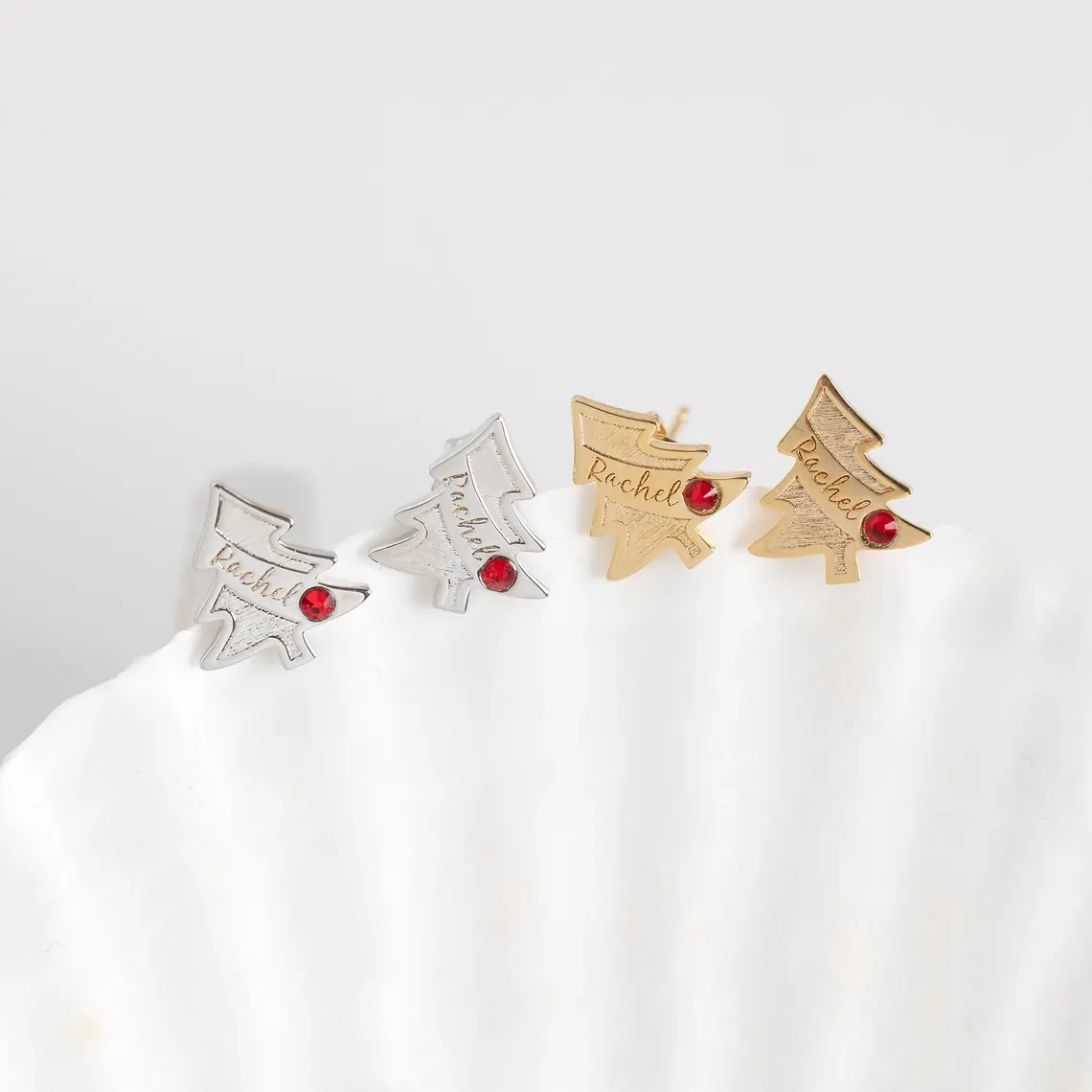 Christmas Tree Personalized Nameplate with Birthstone Stud Earrings