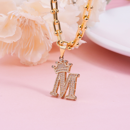 U Shaped Lock Chain Personalized Crown Letter Initial Necklace