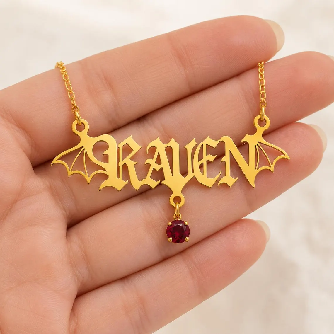 Custom Birthstone Pendant Old English Nameplate Necklace Halloween Gift