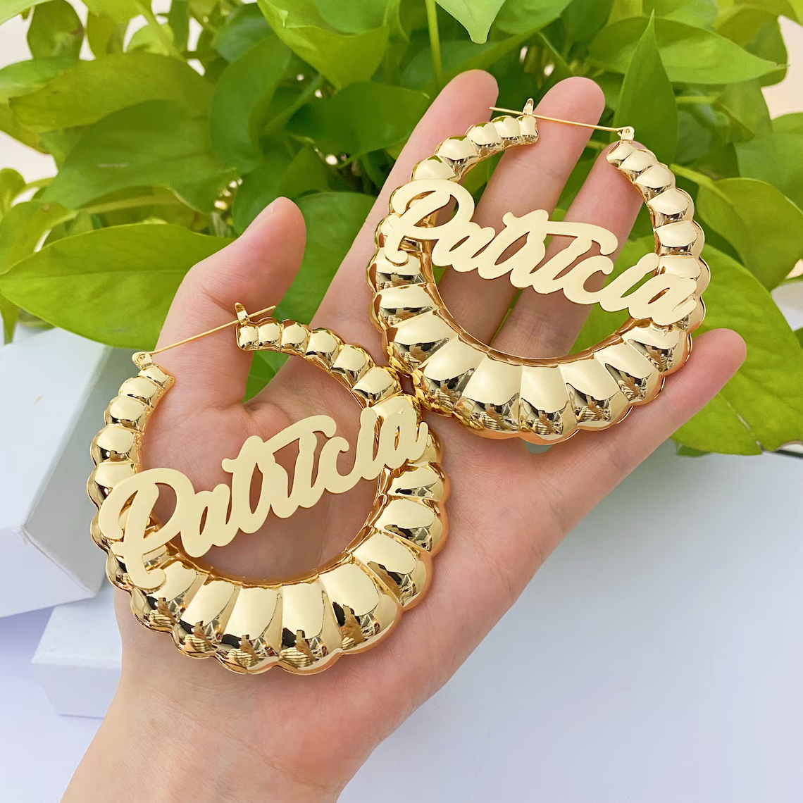 Custom Chunky Bamboo Hoop Earrings with Nameplate