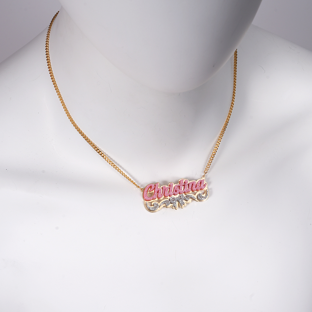 Girls Bowknot Pink Acrylic Personalized Name Necklace with Heart