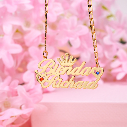 Couples Name With Crown Heart And Birthstone Personalized Custom Gold Plate Name Necklace