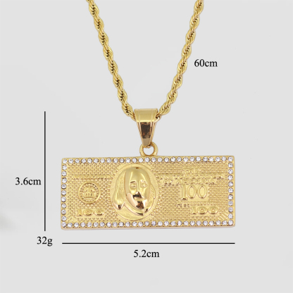 Zircon Hundred Dollar Bill Money Pendant Necklace
