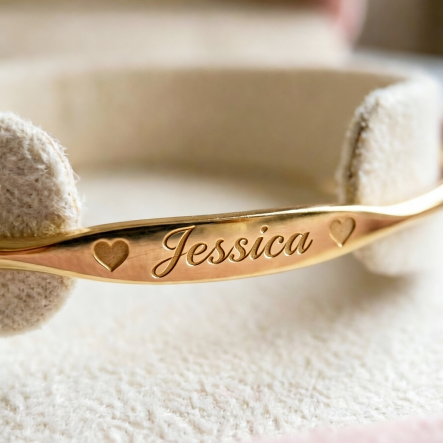 Customized Engraved Two Hearts Name Bangle Bracelet