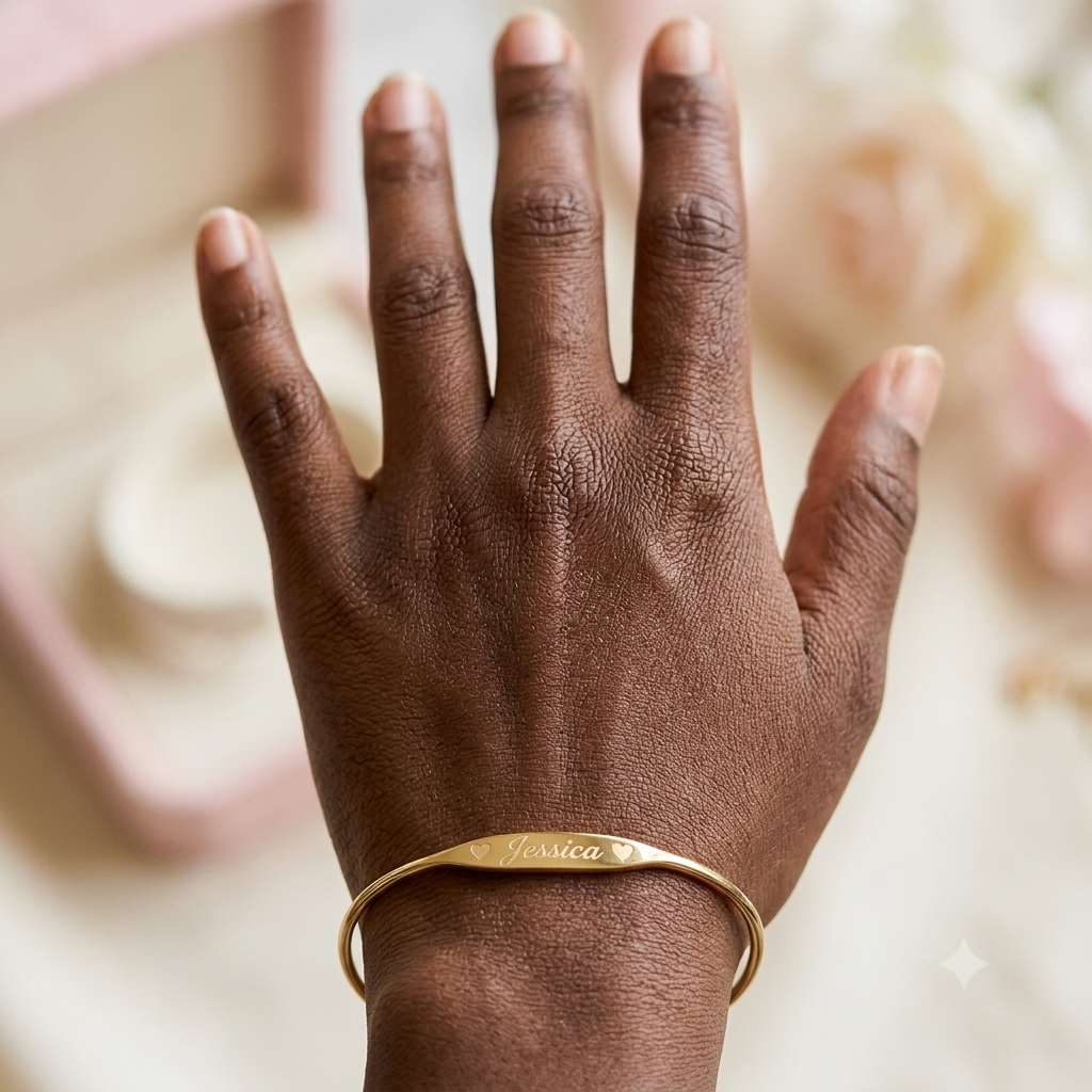 Customized Engraved Two Hearts Name Bangle Bracelet