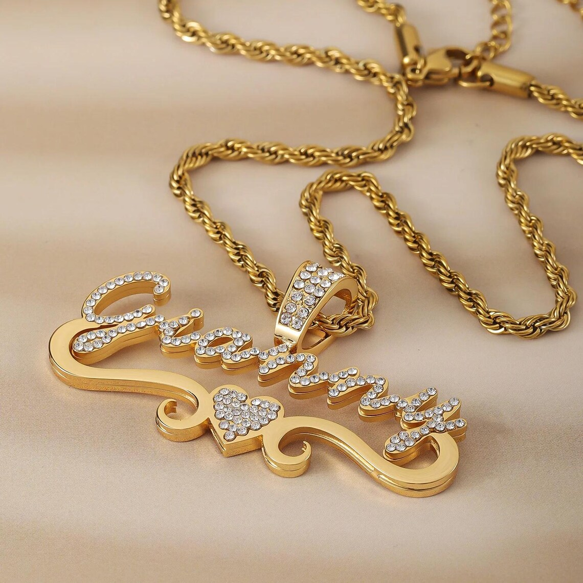 Custom Shiny Double Layer Zircon Heart Name Necklace 