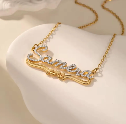 Bling Personalized Double Hearts Zirconia Name Necklace Diamond Cut