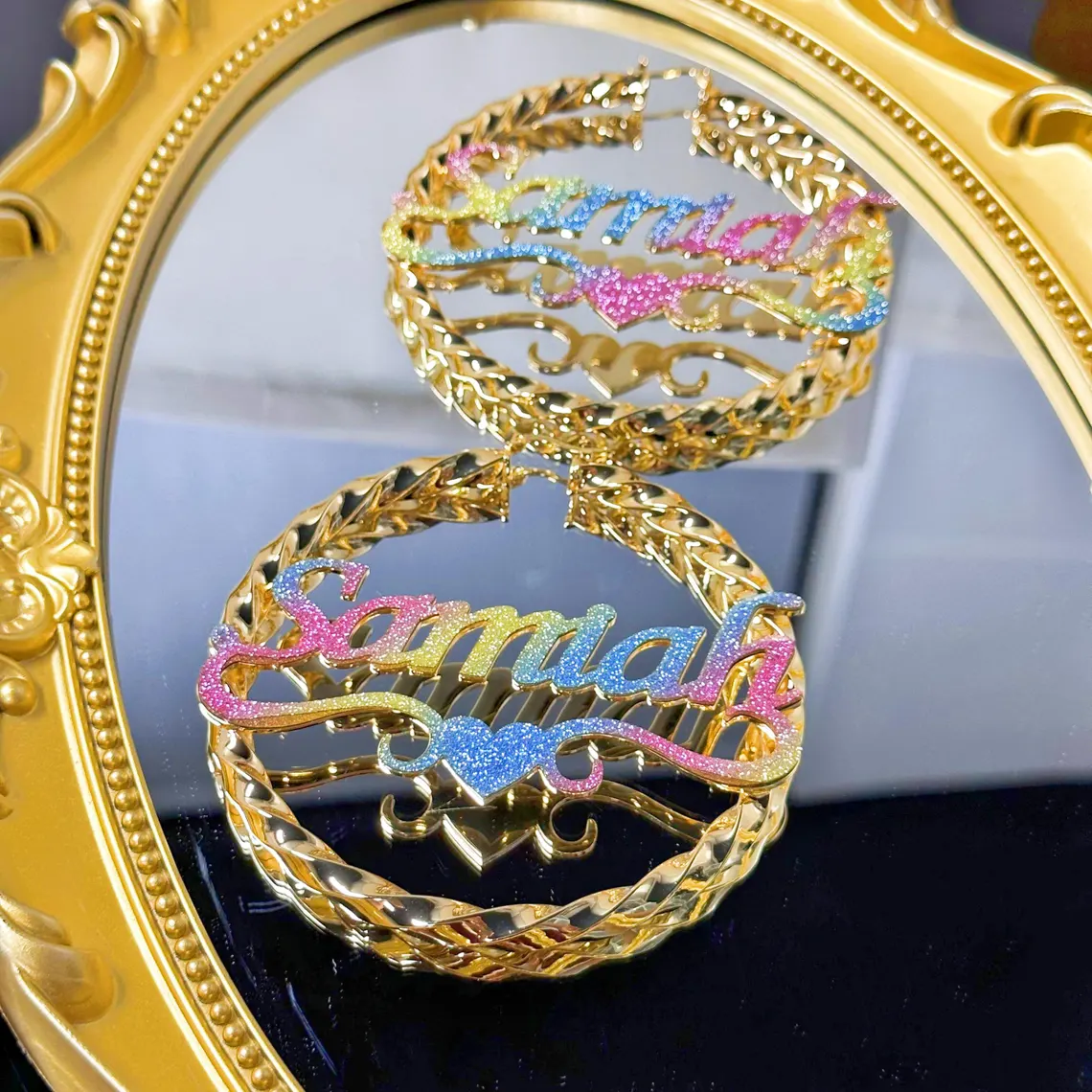 Rainbow Color Shiny Nameplate with Heart Personalized Twist Hoop Earrings