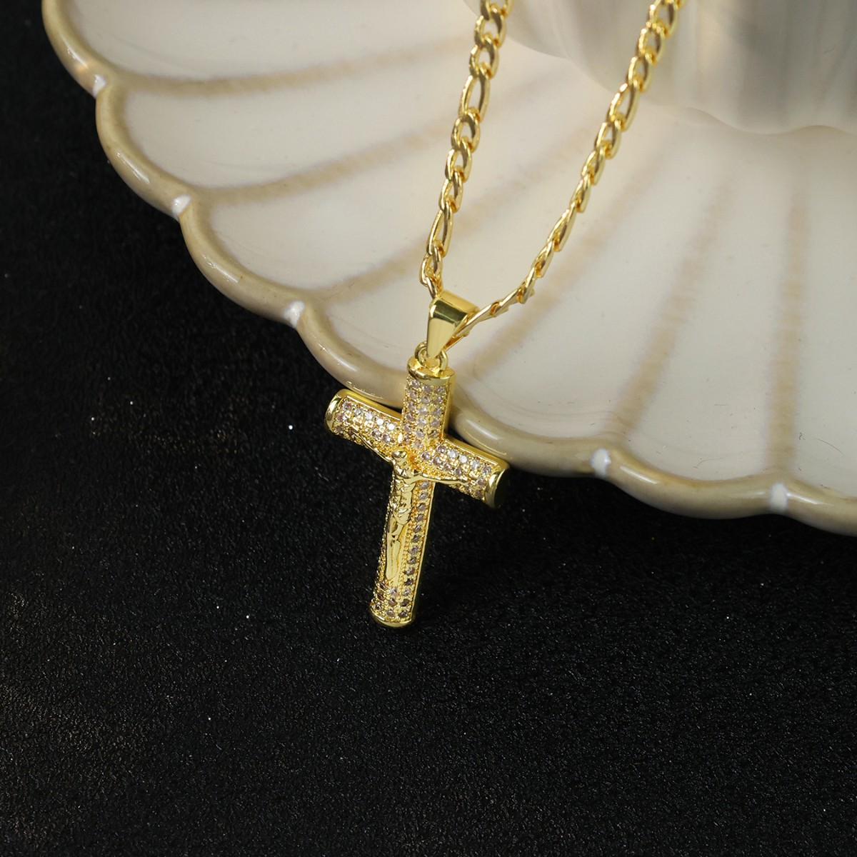 Zirconia Jesus Cross Pendant Necklace Gold Plated