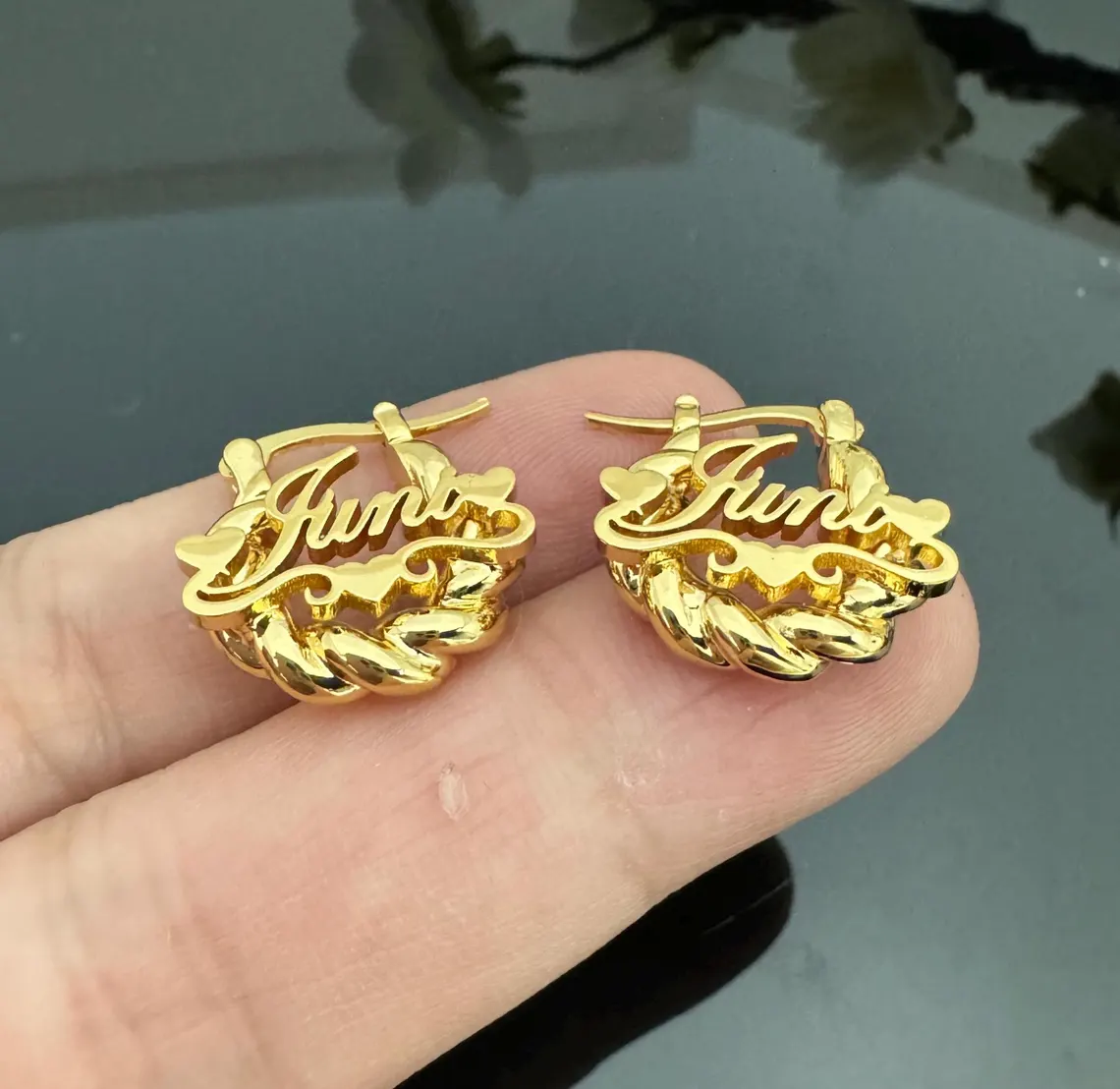 Three Hearts Nameplate Mini Hoop Earrings Baby Gifts